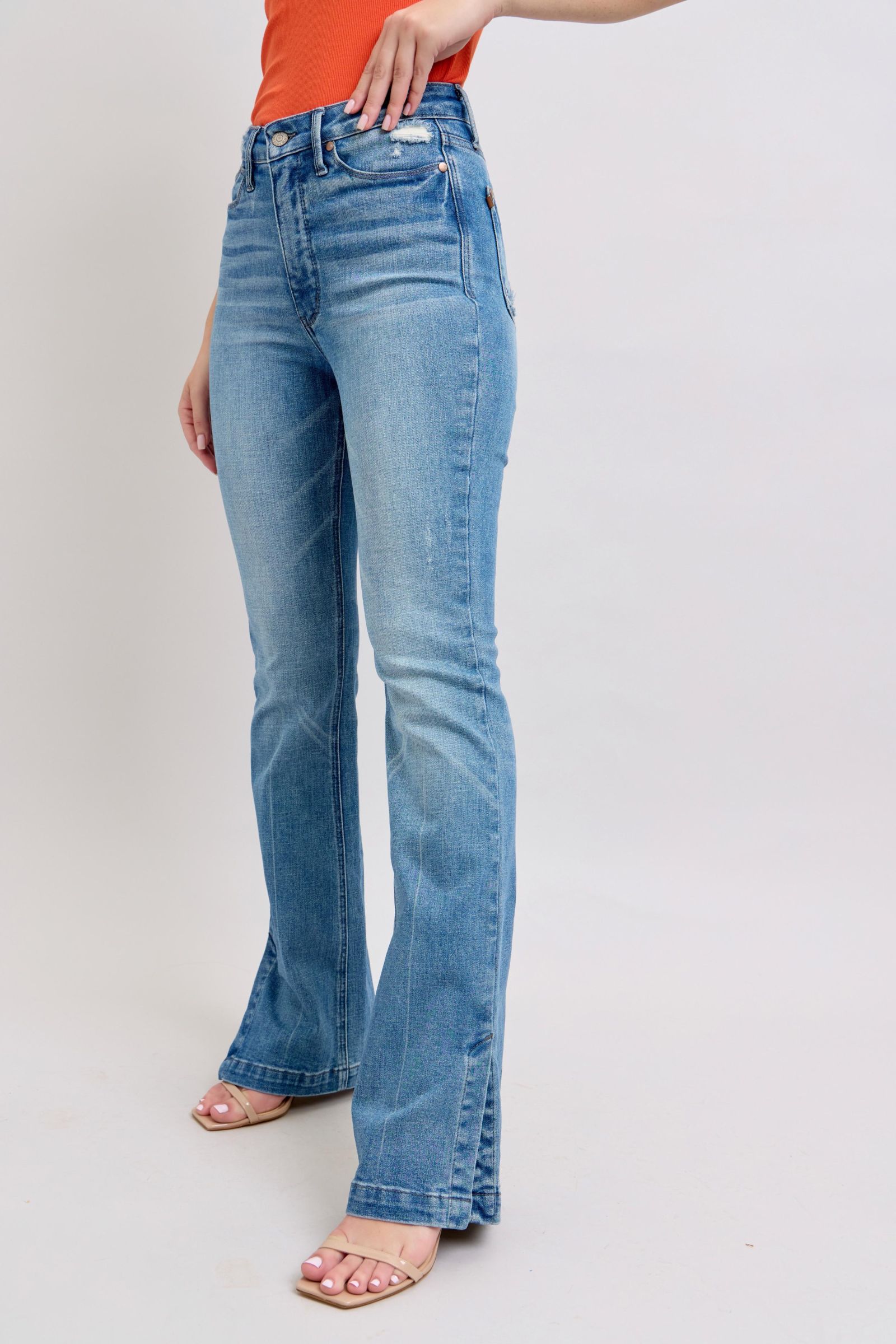 Judy Blue HW Tummy Control Vintage Wash Side Slit Slim Boot Jeans - Tigbul's Variety Fashion Shop