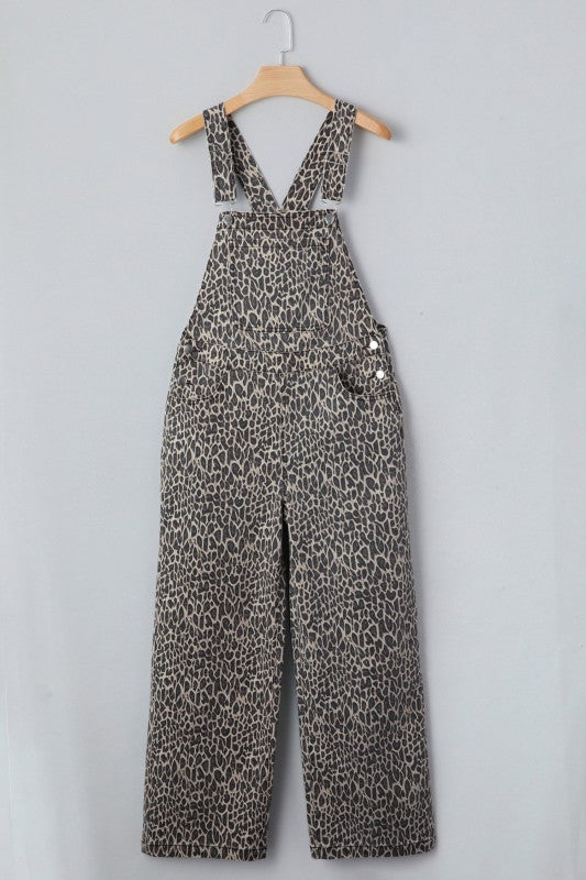 Leopard denim overall jumpsuit on hanger, wide legs and V-neck back