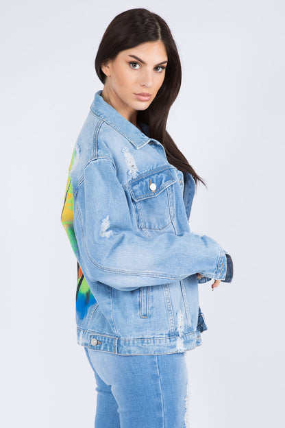 American Bazi Full Size Painted Back Distressed Denim Jacket - Tigbul's Variety Fashion Shop