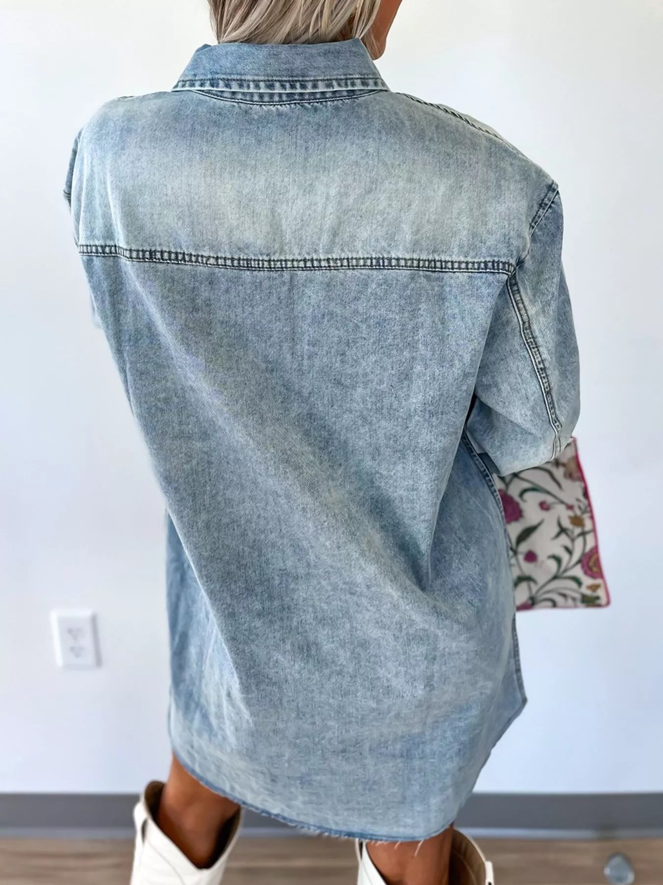 Chest Pocket Raw Hem Denim Loose Shirt Dress - Tigbul's Variety Fashion Shop