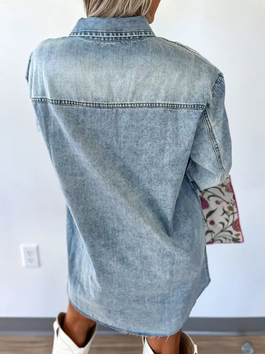 Chest Pocket Raw Hem Denim Loose Shirt Dress - Tigbul's Variety Fashion Shop
