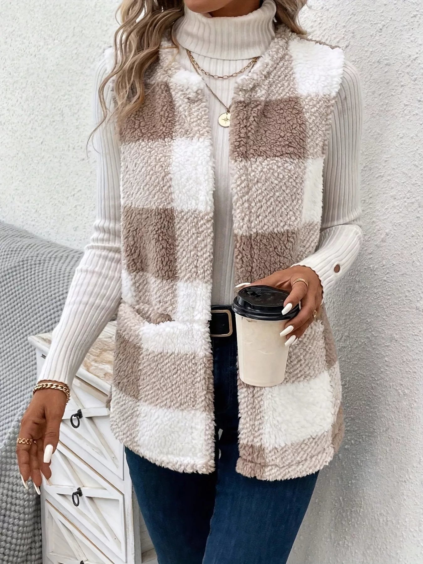 Plaid Sherpa Vest Coat with Pockets - Tigbul's Variety Fashion Shop