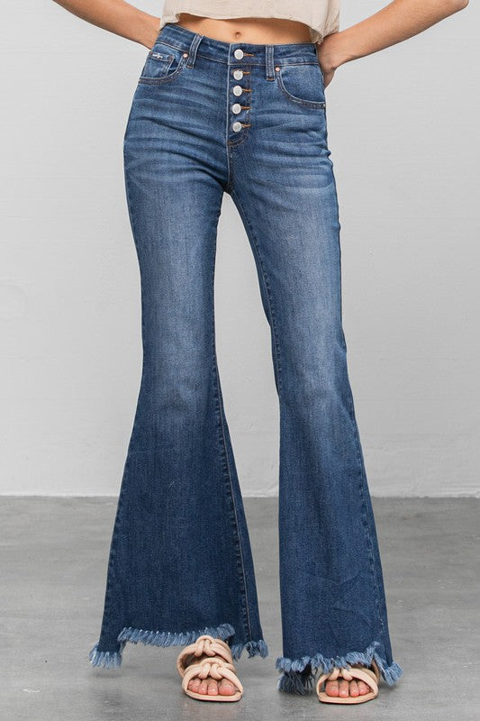 Dark wide flare jeans, front button closure and dark wash denim