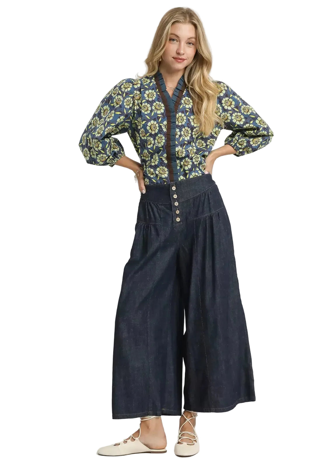 Dark Blue Stone Washed Wide-Leg Button-Front Culottes | Tigbuls