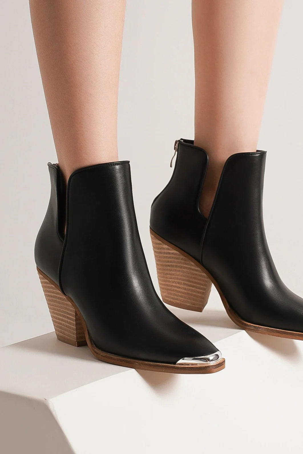 Black Pointed Metal-Tip Toe Block Heel Ankle Boots - Tigbul's Variety Fashion Shop