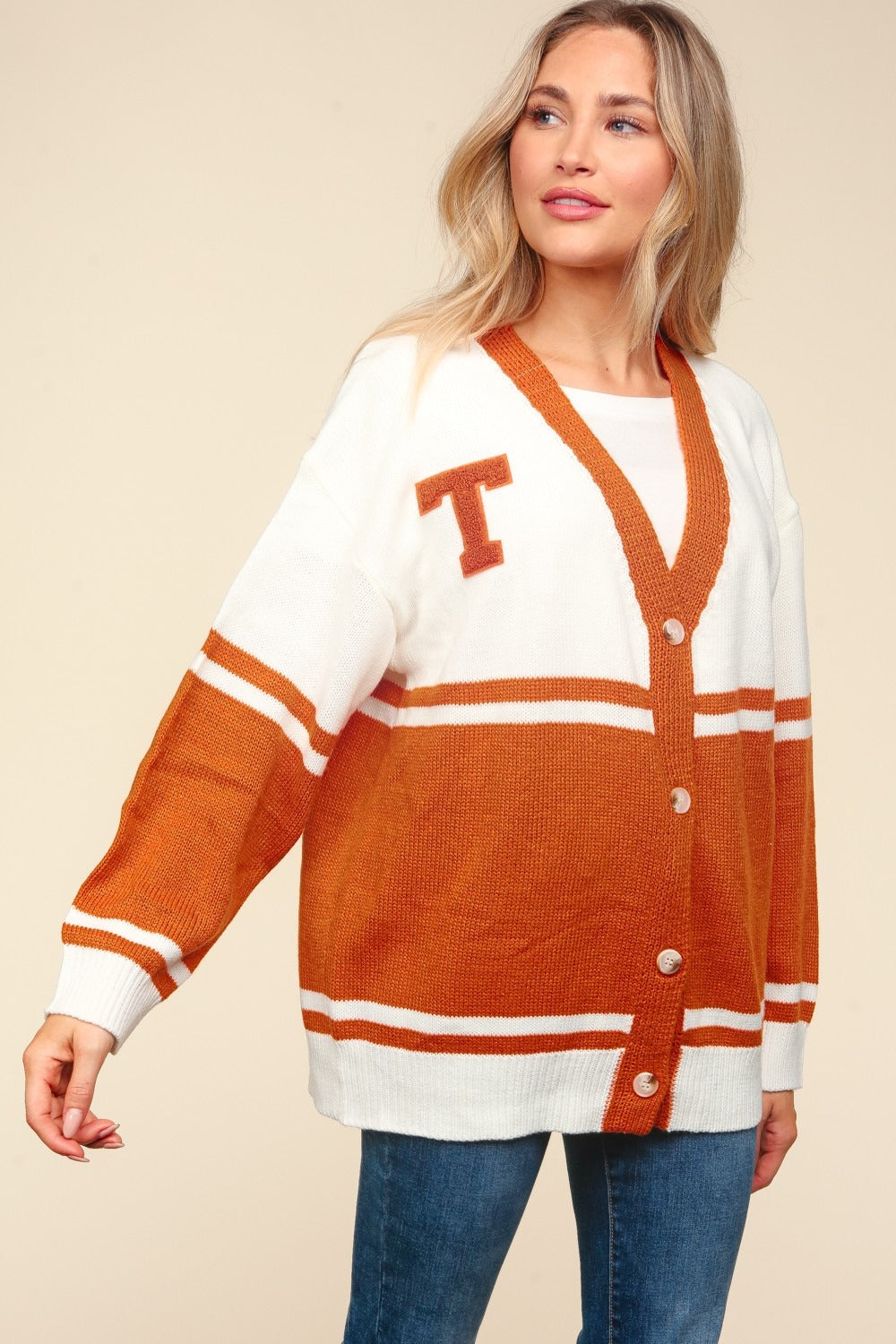 Haptics Full Size V Neck Button Down Letter Patch Cardigan - Tigbul's Variety Fashion Shop