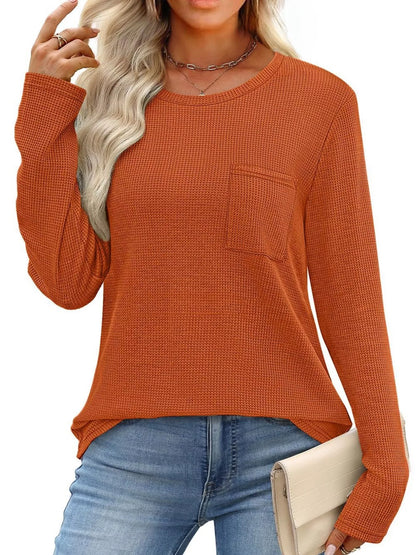 Waffle Knit Long Sleeve Pocket T-Shirt - Tigbul's Variety Fashion Shop
