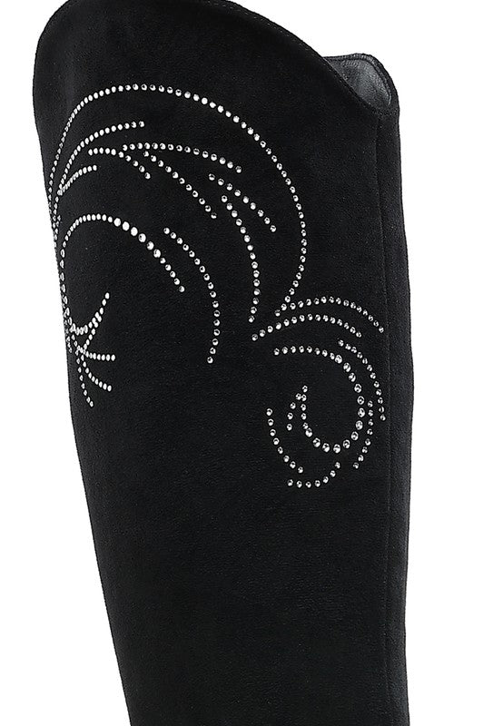 Black calf boots with close-up rhinestone scroll and swirl embellishment