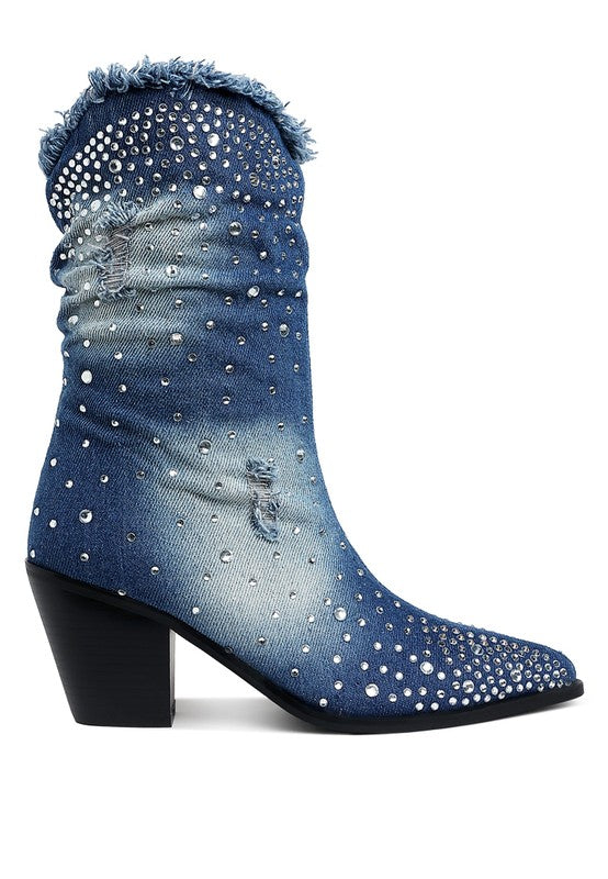 Savant Diamante & Rhinestones Denim Boots - Tigbul's Variety Fashion Shop