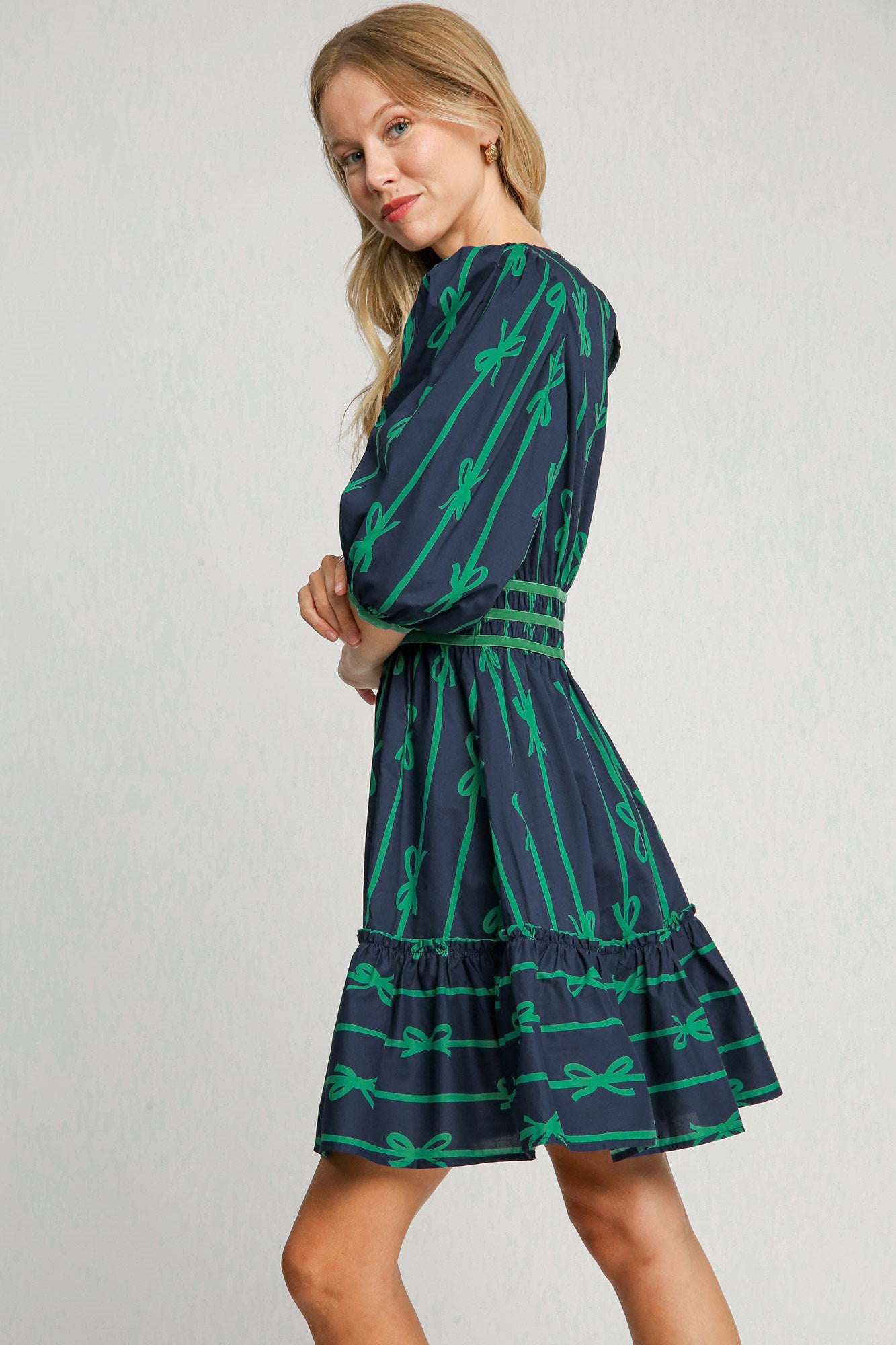 Umgee Ribbon Print Frill Contrast Velvet Trim Half Sleeve Dress - Tigbul's Variety Fashion Shop