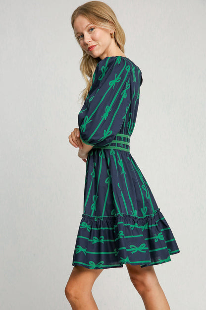 Umgee Ribbon Print Frill Contrast Velvet Trim Half Sleeve Dress - Tigbul's Variety Fashion Shop