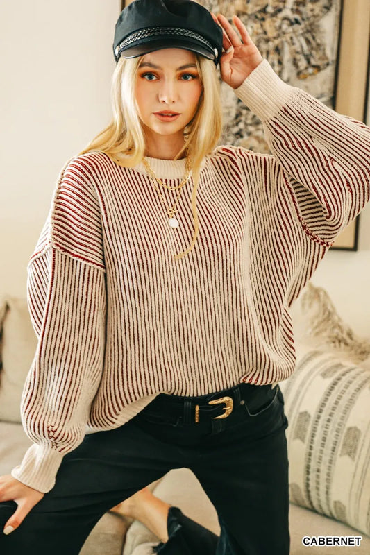 Zenana Two Tone Crewneck Sweater - Tigbul's Variety Fashion Shop
