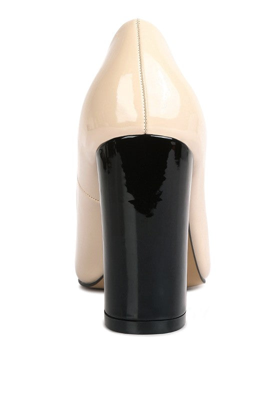 Nude patent pumps, back view, glossy upper with black block heel base