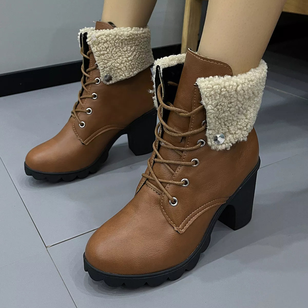 Lace Up Block Heels Boots - Tigbul's Variety Fashion Shop
