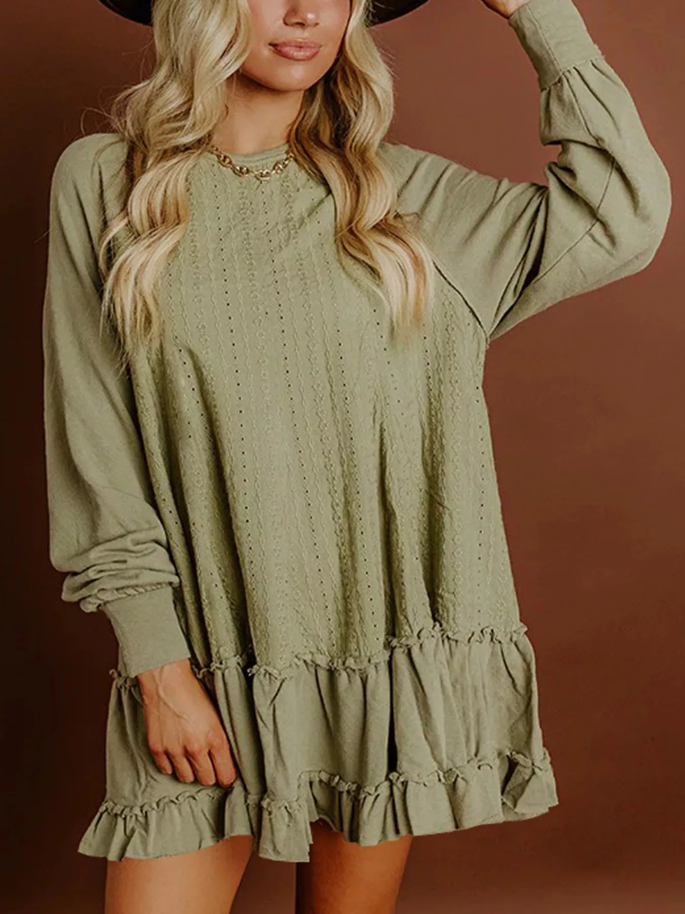 Frill Round Neck Long Sleeve Mini Dress - Tigbul's Variety Fashion Shop