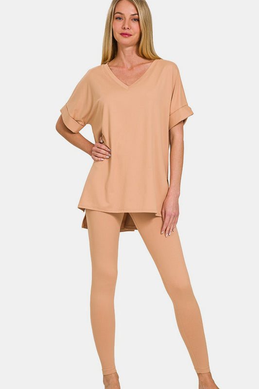 Zenana Full Size V-Neck Rolled Short Sleeve T-Shirt and Leggings Lounge Set