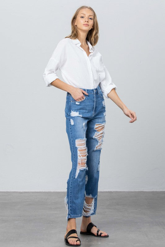 High-rise straight jeans, medium blue with thigh-to-knee ripped panels and belt loops