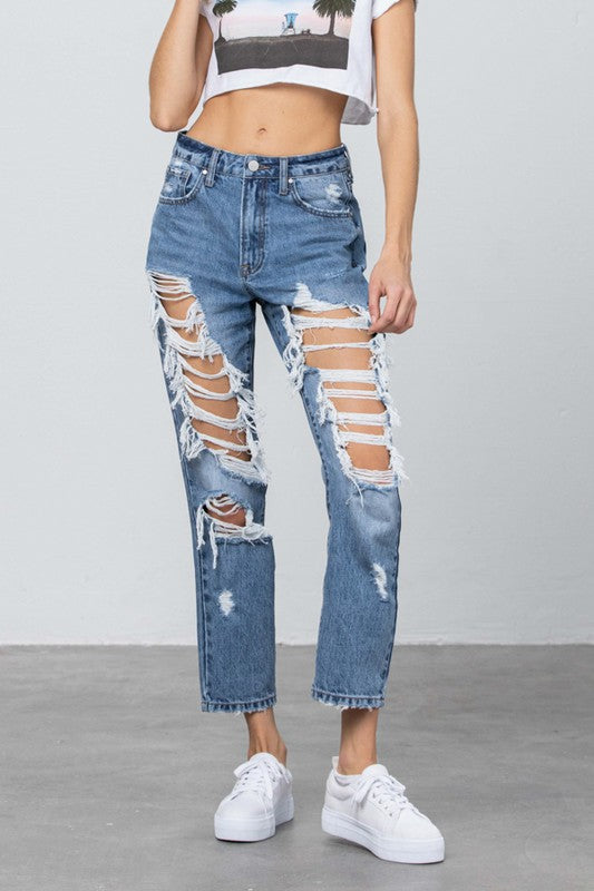 High Rise Heavy Destroyed Mom Jeans - Tigbul's Variety Fashion Shop