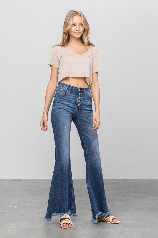 Blue dark wash flare jeans with button placket and frayed leg openings