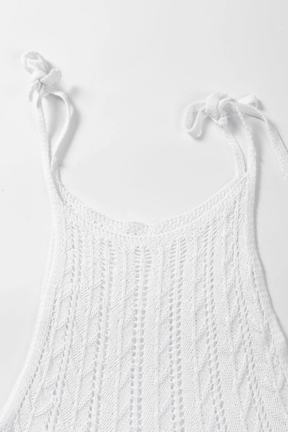 Tie Straps Wave Textured Eyelet White Knitted Vest - Tigbul's Variety Fashion Shop