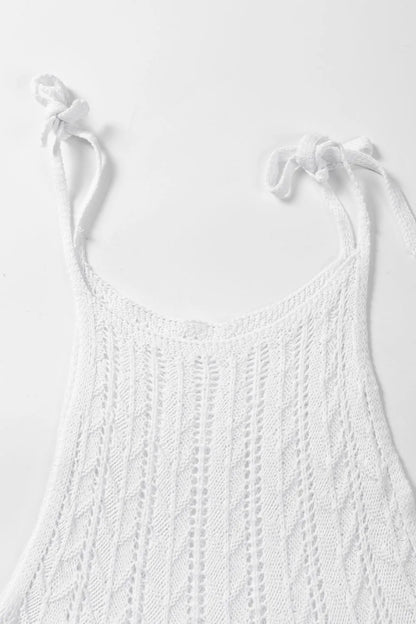 Tie Straps Wave Textured Eyelet White Knitted Vest - Tigbul's Variety Fashion Shop