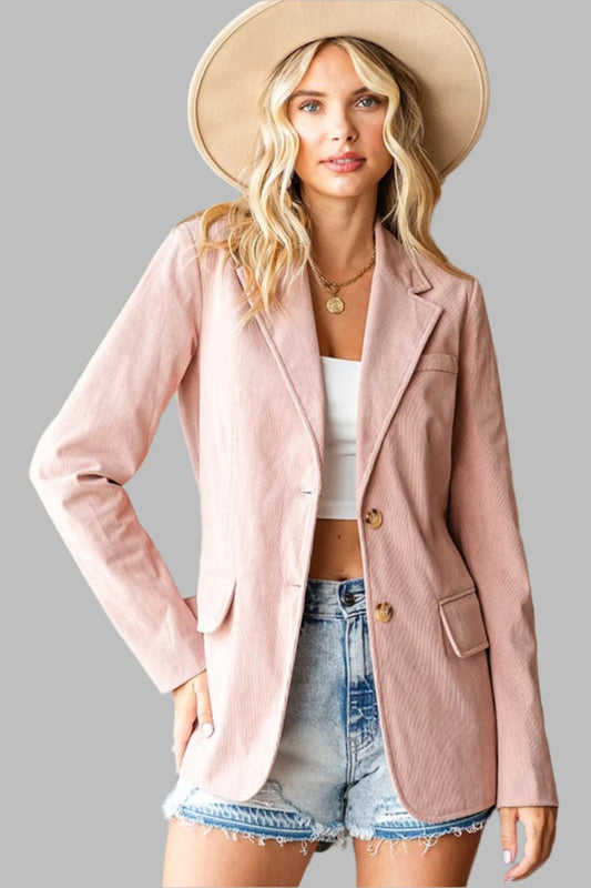 Pink Single-Breasted Flap Pocket Corduroy Blazer - Tigbul's Variety Fashion Shop