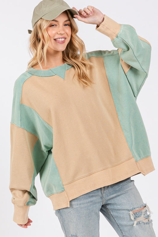 SAGE + FIG Color Block Round Neck Sweatshirt - Tigbul's Variety Fashion Shop