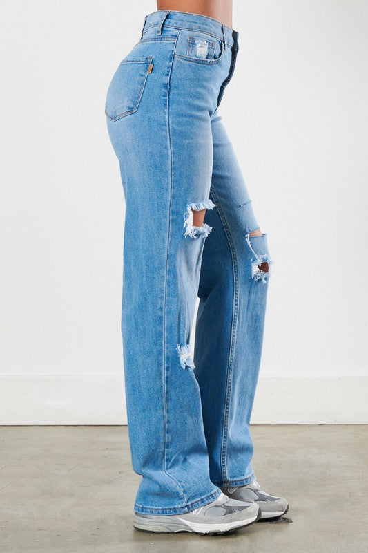 Distressed Medium Blue Wide Leg Jeans - Tigbuls Variety Fashion