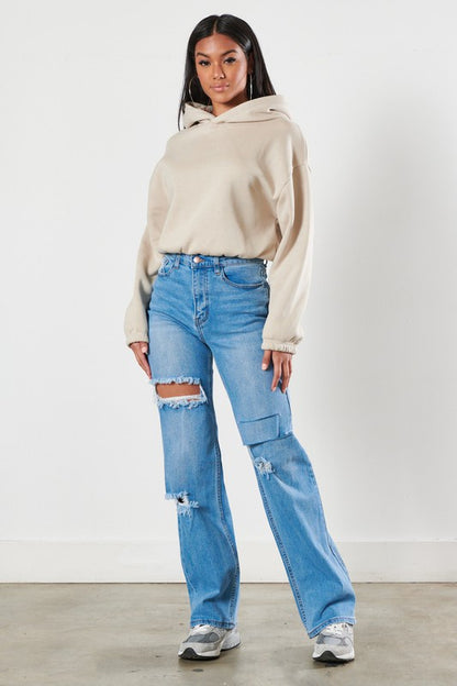 Distressed Medium Blue Wide Leg Jeans - Tigbuls Variety Fashion