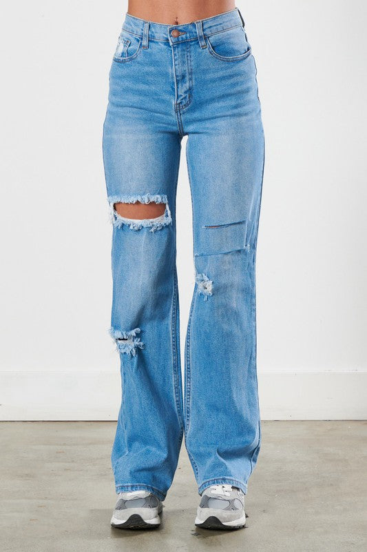 Distressed Medium Blue Wide Leg Jeans - Tigbuls Variety Fashion