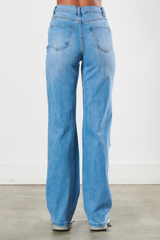 Distressed Medium Blue Wide Leg Jeans - Tigbuls Variety Fashion