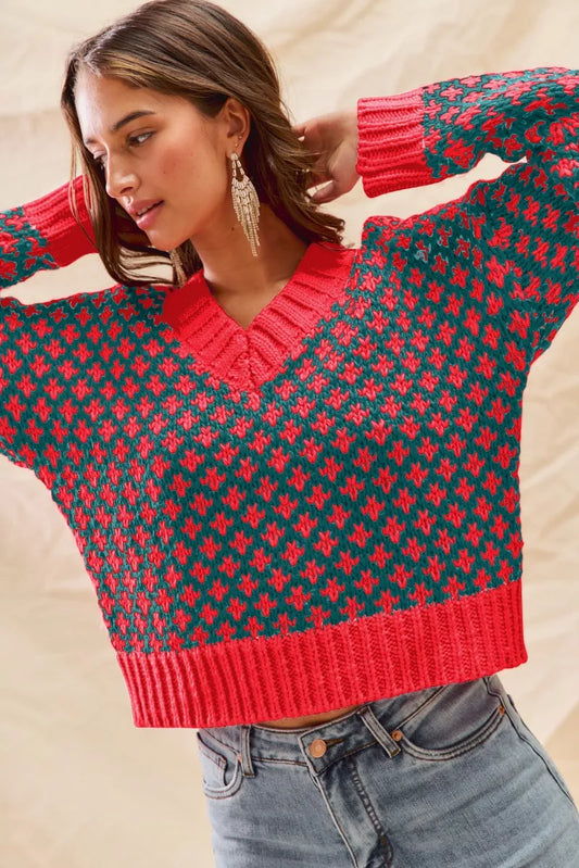 SO ME Color Block Textured Christmas Sweater V Neck Top - Tigbul's Variety Fashion Shop