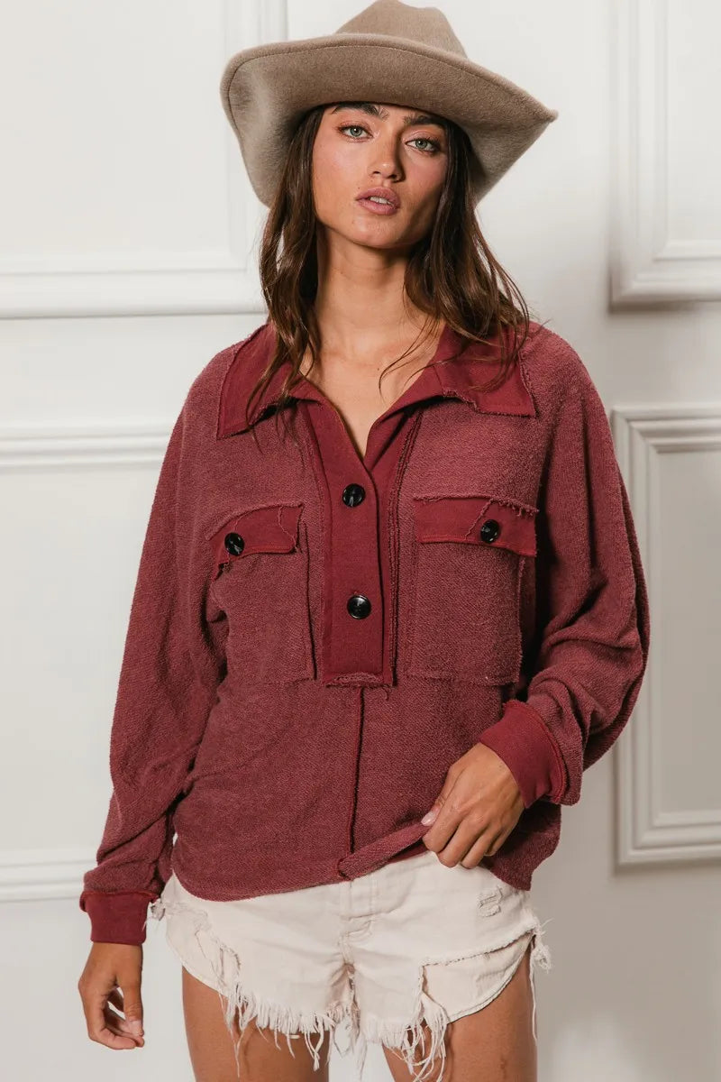 BiBi Cp French Terry Cut Edge Detail Collared Top - Tigbul's Variety Fashion Shop