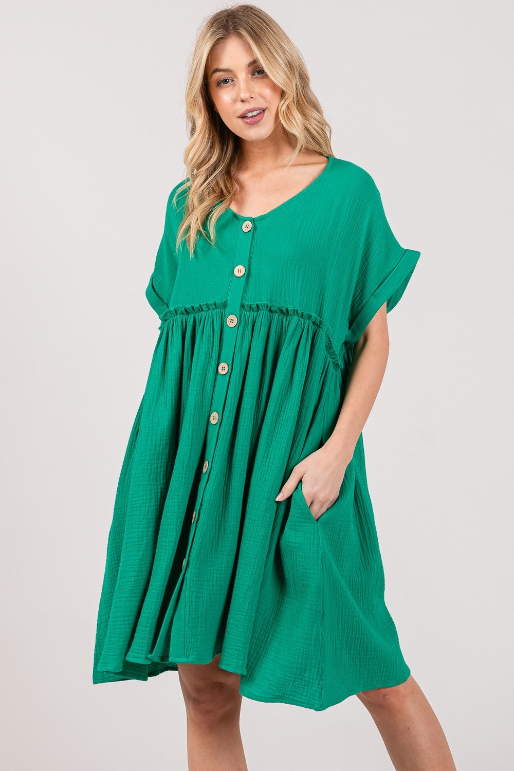 SAGE + FIG Full Size Button Up Short Sleeve Dress - Tigbul's Variety Fashion Shop