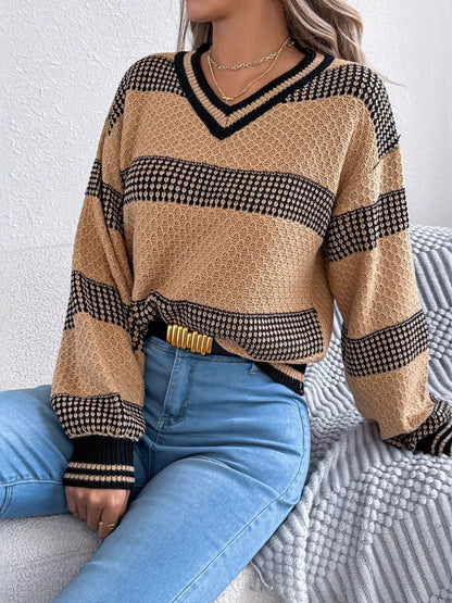 Contrast Striped V-Neck Sweater - Tigbul's Variety Fashion Shop