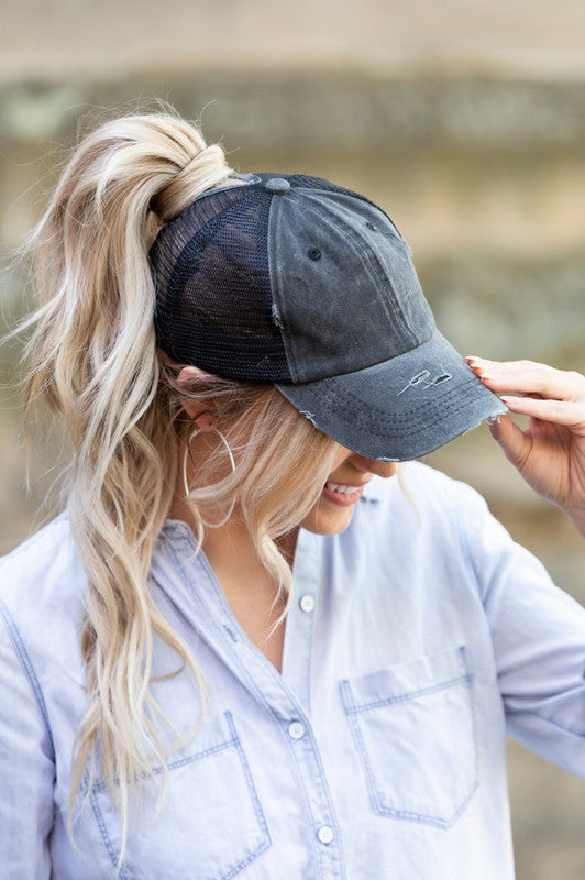 Distressed Messy Bun Hat Cap - Tigbul's Variety Fashion Shop