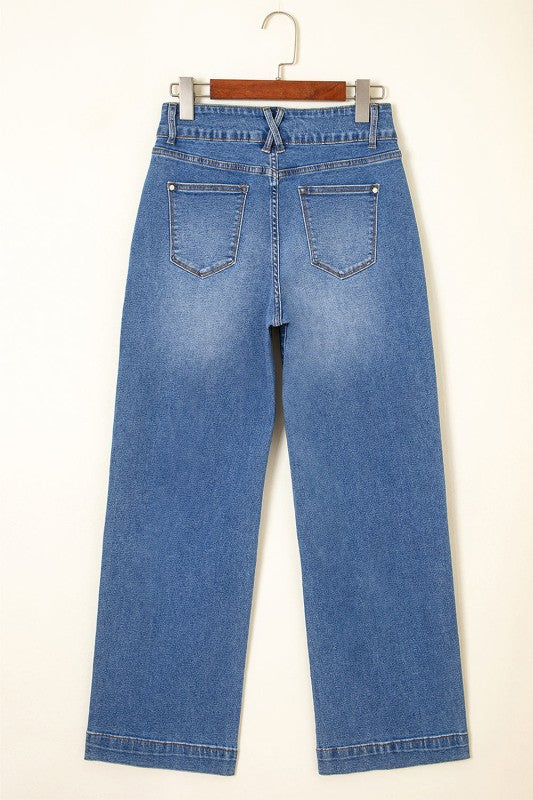 Sky blue straight-leg jeans with two back patch pockets, back view