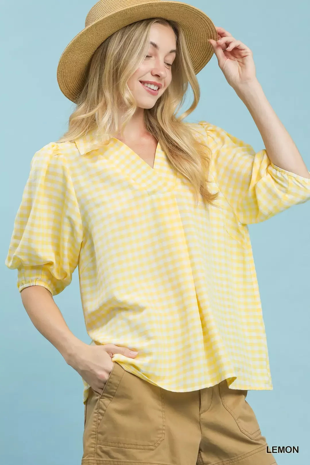 Umgee Gingham Puff Sleeve Collared Blouse - Tigbul's Variety Fashion Shop