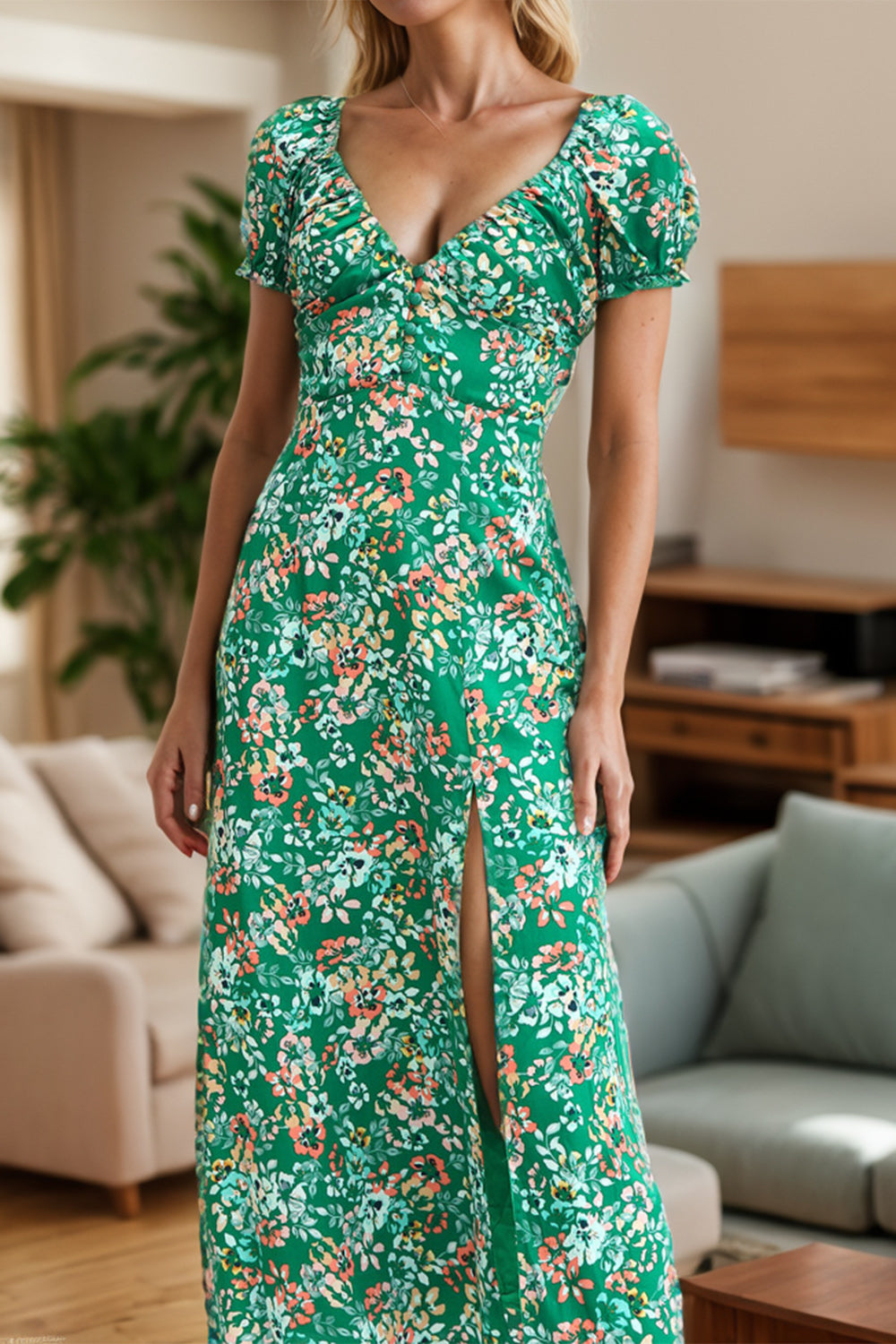 Slit Printed Short Sleeve Midi Dress - Tigbuls Variety Fashion