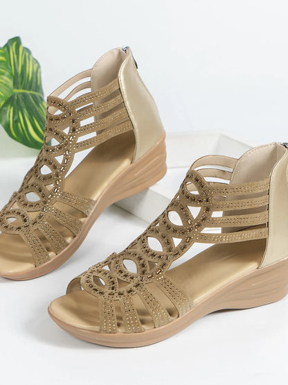Strappy Wedge Sandals with Rhinestone Details - Tigbul's Variety Fashion Shop