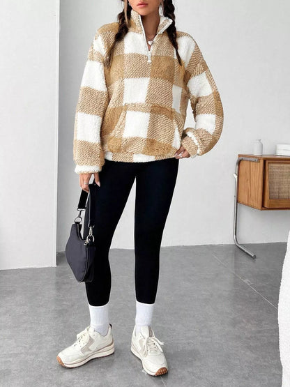 Full Size Plaid Sherpa Long Sleeve Sweatshirt Plus Size - Tigbul's Variety Fashion Shop