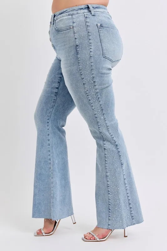 Judy Blue Full Size Midi Rise Rhinestone Side Panel Detail Flare Jeans Plus Size - Tigbul's Variety Fashion Shop