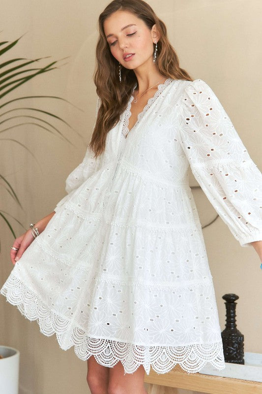 White Lace Detail Tiered Eyelet V-Neck Babydoll Dress - Tigbul's Variety Fashion Shop