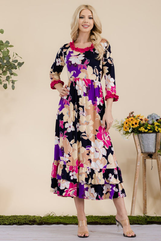 Floral Ruffled Midi Dress Sizes Small to 3XL - Tigbul's Variety Fashion Shop