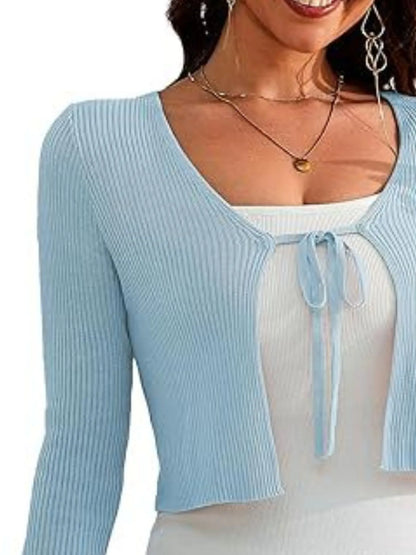 Tie-Front Long Sleeve Cardigan - Tigbul's Variety Fashion Shop