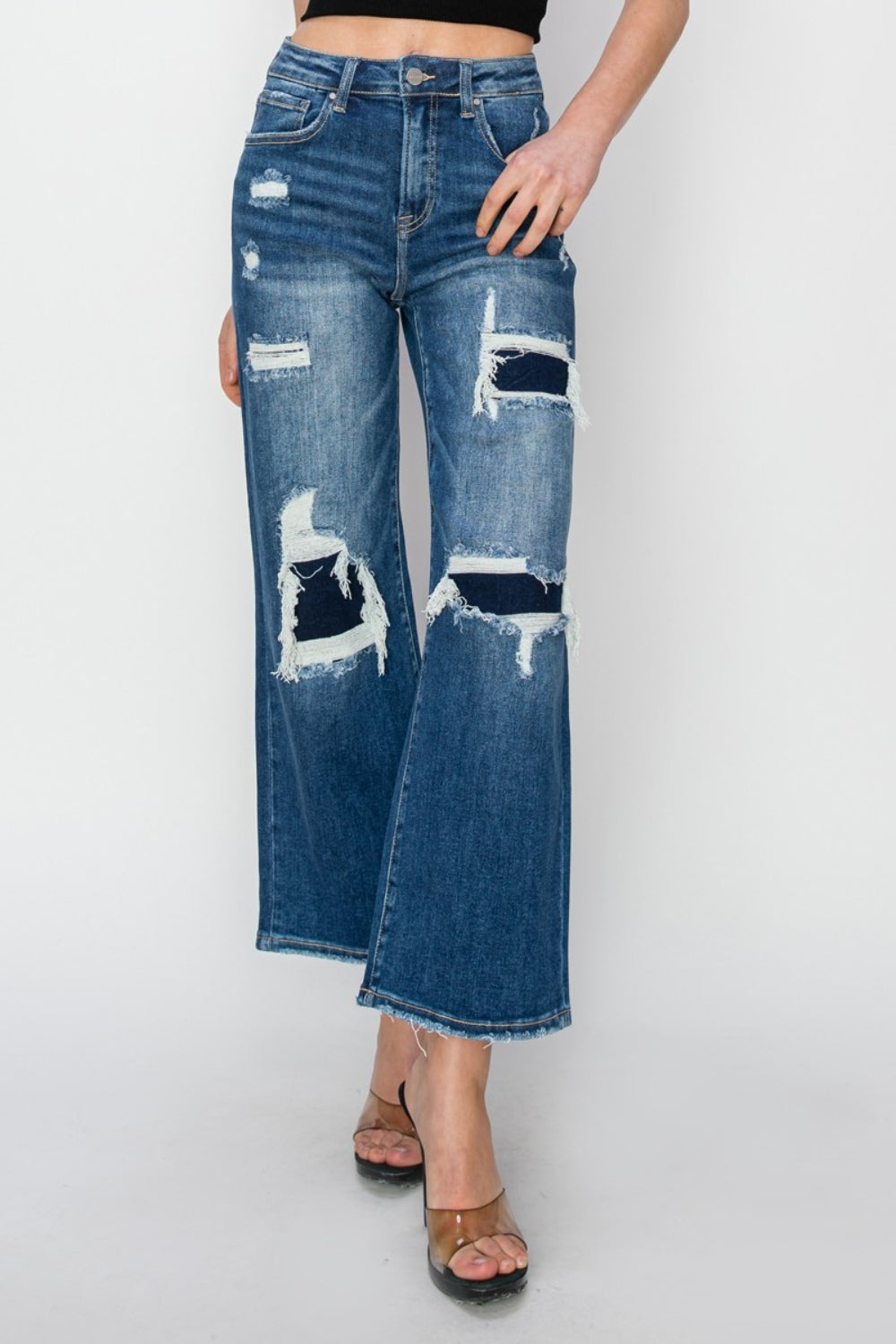 Risen Full Size High Rise Patch Detailed Wide Leg Crop Jeans - Tigbul's Variety Fashion Shop