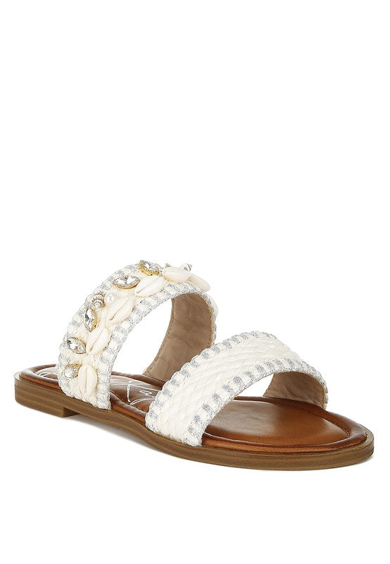 Seashell Raffia Slip on Flat Sandals - Tigbul's Variety Fashion Shop