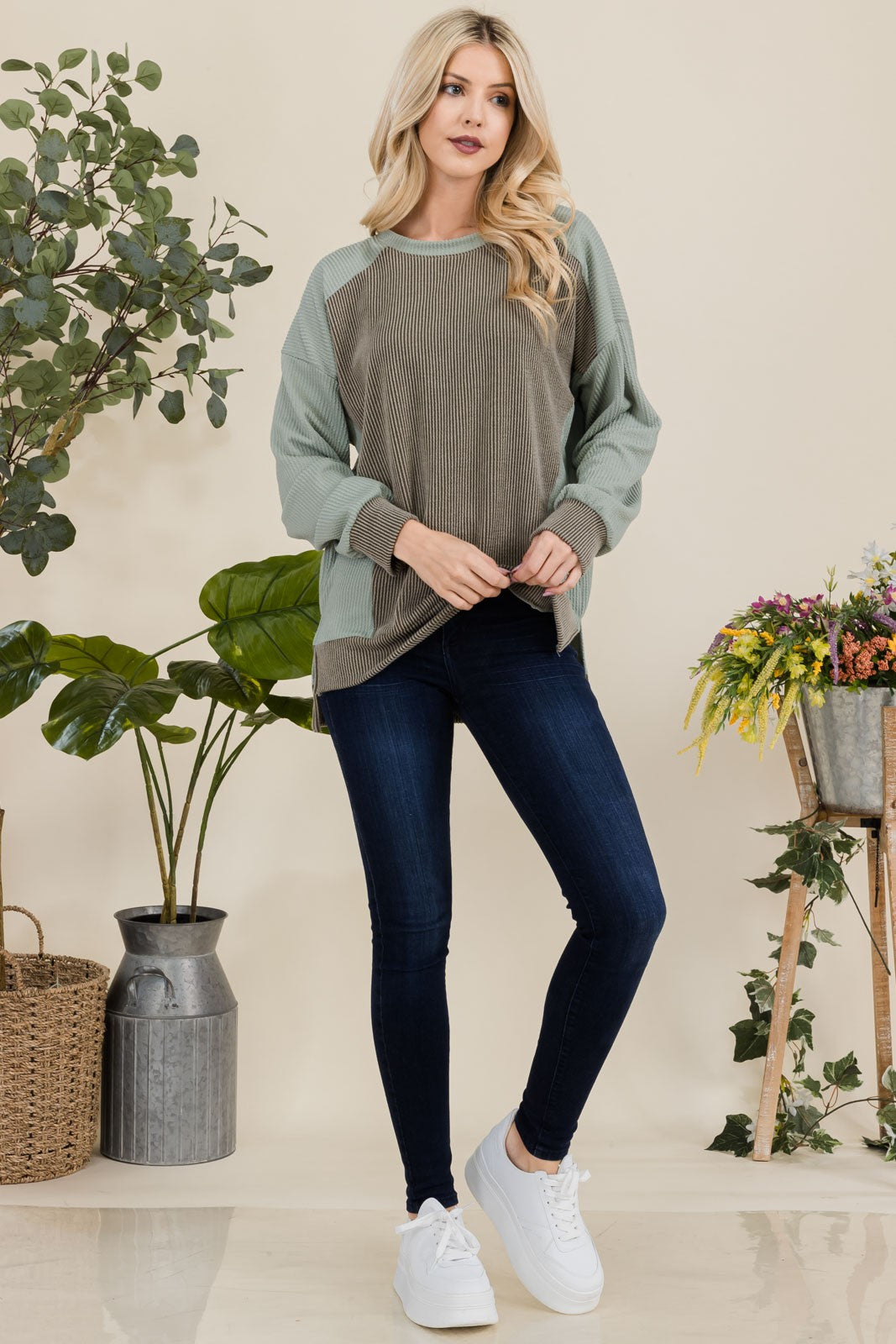 Celeste Full Size High-Low Contrast Round Neck Sweatshirt - Tigbul's Variety Fashion Shop