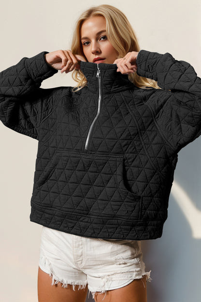 Double Take Half Zip Long Sleeve Quilted Sweatshirt with Pocket - Tigbul's Variety Fashion Shop