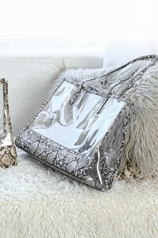 CLEAR PVC SNAKE TRIM TOTE BAG - Tigbul's Variety Fashion Shop